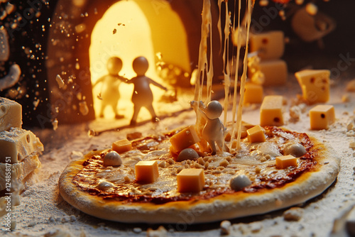 Ultra small cheese men make pizza, pizzeria, fairy tale style photo