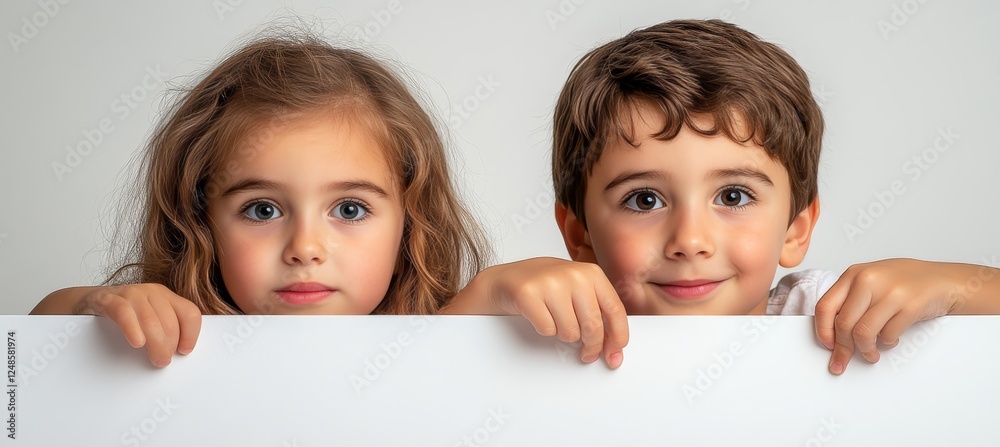 Cute siblings, brother and sister, hiding behind a white wall peeking out and looking at the camera Cute siblings, brother and sister, hiding behind a white wall peeking out and looking at the camera