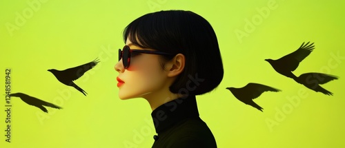 a woman in sunglasses with black birds on a lime background.