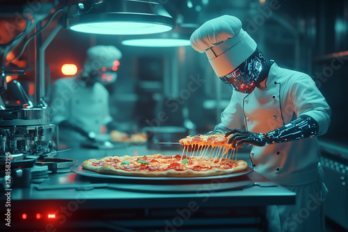 Chef men make pizza, pizzeria, cyberpunk style photo