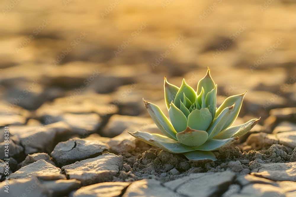 Fototapeta premium A succulent plant emerging from cracked dry soil, symbolizing resilience and beauty in arid conditions. Concept Resilience in Nature, Succulent Plant Beauty, Dry Soil Survival, Symbol of Hope