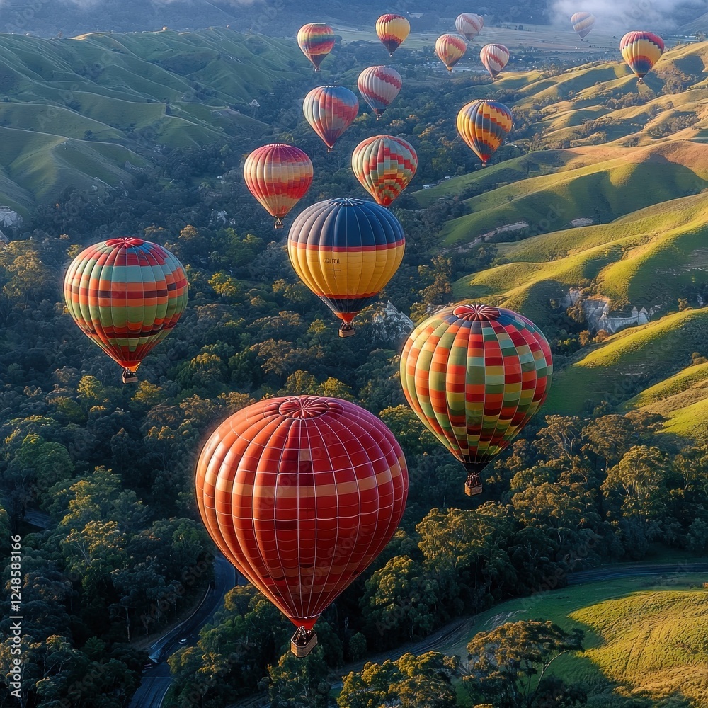 Fototapeta premium A vibrant display of hot air balloons soaring over lush green hills at sunrise, creating a picturesque landscape scene