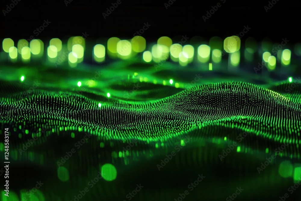 abstract digital landscape of flowing binary code creating geometric patterns, neon green matrix elements on black background