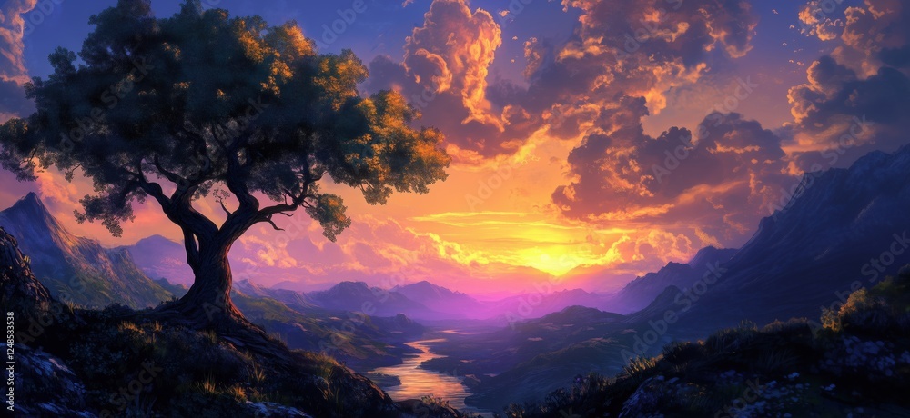 Majestic sunset landscape with tree silhouette and vibrant clouds over mountains, copy space for text Majestic sunset landscape with tree silhouette and vibrant clouds over mountains, copy space for text