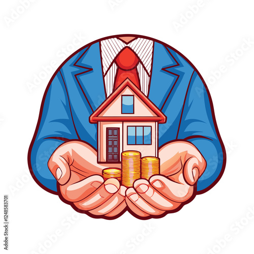 A successful real estate investor confidently holds a miniature house model, symbolizing property acquisition and investment success.