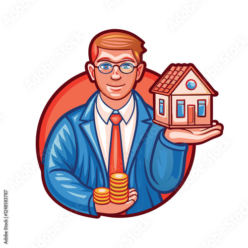 A successful real estate investor confidently holds a miniature house, symbolizing property acquisition and investment success.