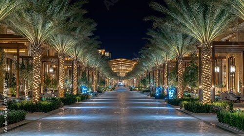 Nighttime Illumination of Palm Tree Lined Walkway