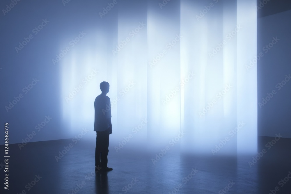 Fototapeta premium a person stands in front of bright glowing pillars in an empty room