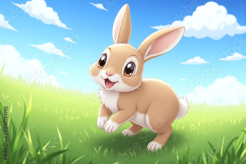 young rabbit in mid motion on green grassy field
