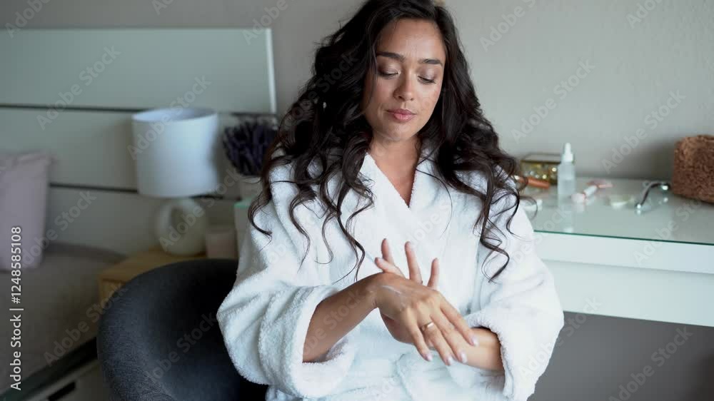 Young dark haired woman applying cream to her hands at home. Model taking care of her skin. Health. Young dark haired woman applying cream to her hands at home. Model taking care of her skin. Health.