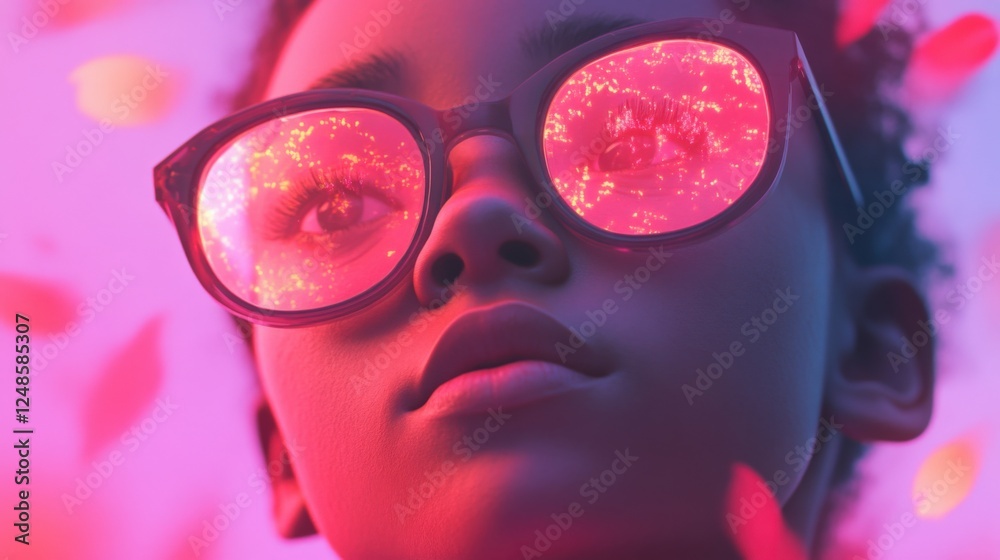 close-up of person wearing red tinted glasses with reflected lights close-up of person wearing red tinted glasses with reflected lights