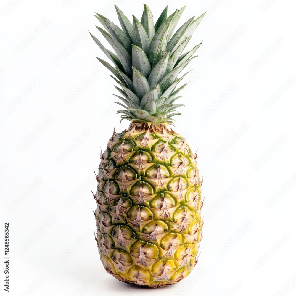Fresh Ripe Pineapple with Spiky Green Leaves Isolated on White Background Fresh Ripe Pineapple with Spiky Green Leaves Isolated on White Background
