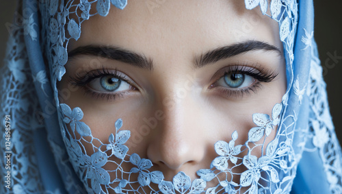 A close-up portrait focusing on the eyes of a Middle East girl wearing a blue lace headscarf, covering most of the face except for the eyes photo