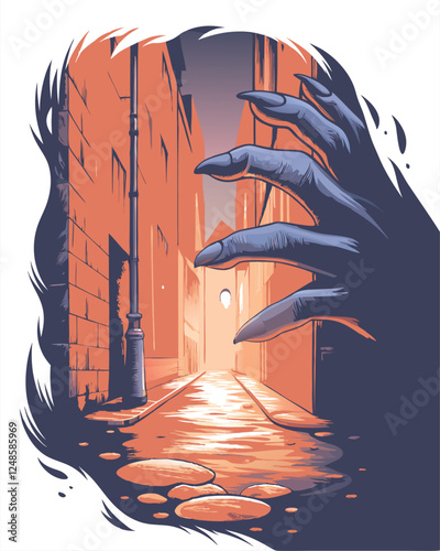 A shadowy, elongated-fingered figure stealthily creeping through darkness; ominous, mysterious, horror-themed illustration.