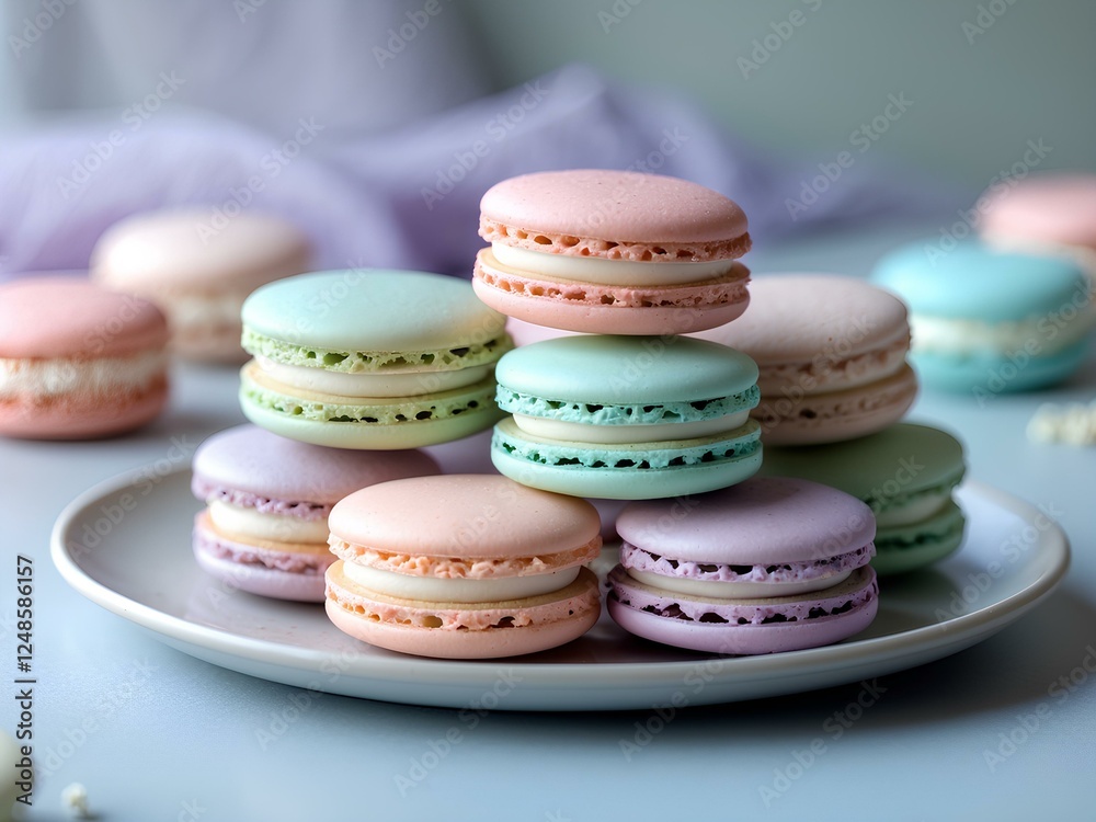 Fototapeta premium A Bite of Parisian Perfection: Discover the Irresistible Charm of French Macaron Cookies—Light, Airy, and Filled with Sweet Bliss, All Wrapped in Soft, Pastel-Colored Beauty!