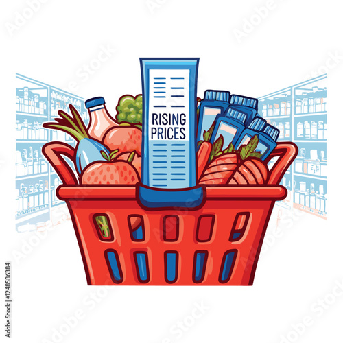 A photograph of a full shopping cart overflowing with diverse grocery items, including produce, dairy, and packaged goods, with a lone, slightly forlorn-looking dog sitting patiently nearby.