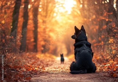 Wallpaper Mural Autumnal Canine Companions: Two black dogs sit on a leaf-covered path, gazing towards a warm, autumnal sunset in a forest.  The scene evokes feelings of warmth, companionship, and tranquility. Torontodigital.ca