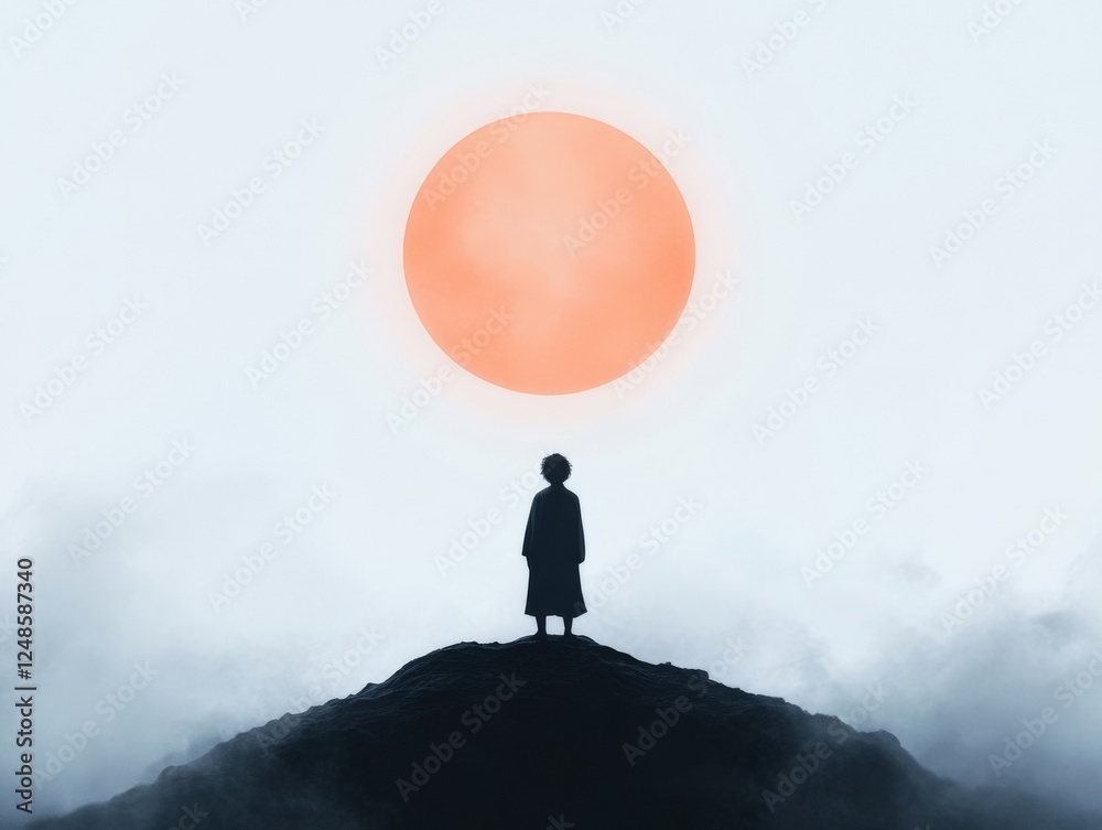 silhouette of person on mountain looking at orange sun silhouette of person on mountain looking at orange sun