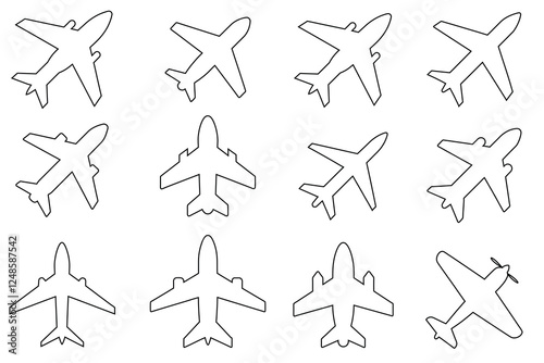Plane outline vector icon set.plane lineart vector set