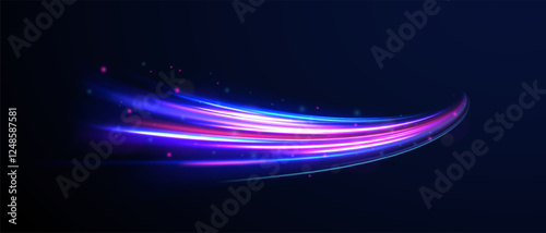 Creative vector illustration of flying cosmic meteor, planetoid, comet, fireball isolated on transparent background. Effect, png, wave,neon,line. Light arc in neon colors, in the form of a turn. 