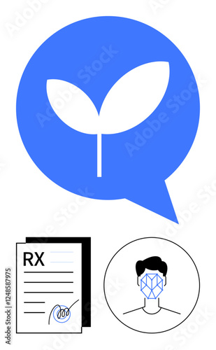 Growing leaf in speech bubble, signed prescription paper, and face recognition technology. Ideal for healthcare, AI, biometrics, eco-friendly practices, telemedicine, innovation abstract line flat