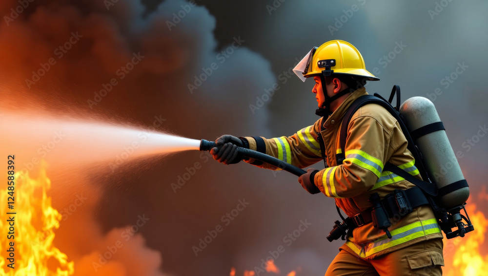 A dynamic action image featuring a firefighter actively combating a blaze, with fire and smoke around A dynamic action image featuring a firefighter actively combating a blaze, with fire and smoke around