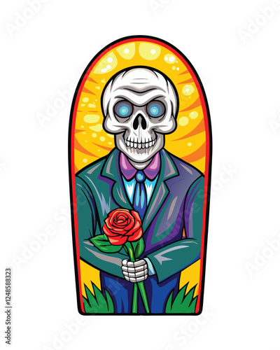 A skeletal figure in a dilapidated dark grey suit, clutching a wilted rose, stands against a decaying Victorian backdrop.
