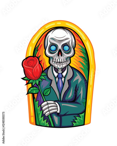 A skeletal figure in a dilapidated dark gray suit clutching a single, wilting rose.  Chiaroscuro lighting emphasizes decay.