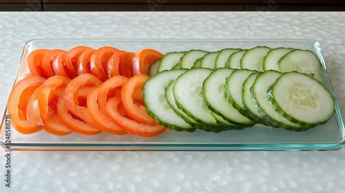 Sliced tomatoes and cucumbers on a glass plate