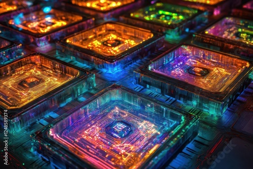 advanced quantum encryption visualization with interlocking geometric shields, glowing circuit patterns, and secure data streams