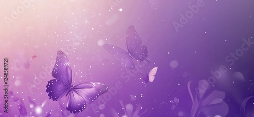 Purple butterflies in dreamy background with soft light and sparkles, copy space for text