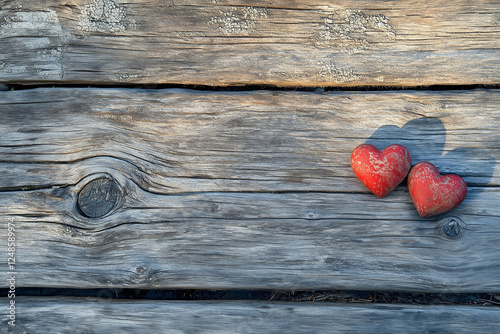 Two weathered red hearts rest on aged wooden planks, symbolizing timeless love, rustic charm, and deep emotions.