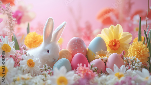 A fluffy white bunny nestled among colorful Easter eggs and vibrant spring flowers, set against a soft pink background.
