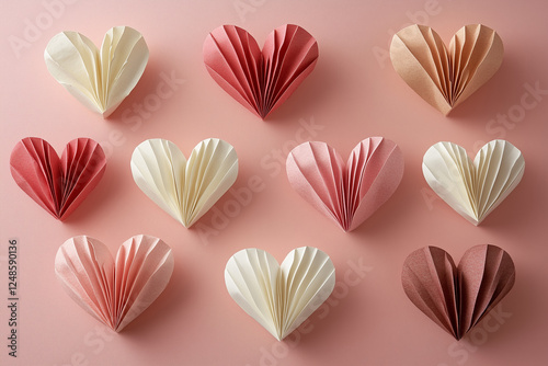 Beautiful folded paper hearts in shades of pink, red, and white, arranged on a soft pastel background for Valentines Day.