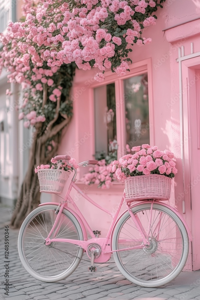 Pink bicycle with a basket full of roses, pastel Pink bicycle with a basket full of roses, pastel