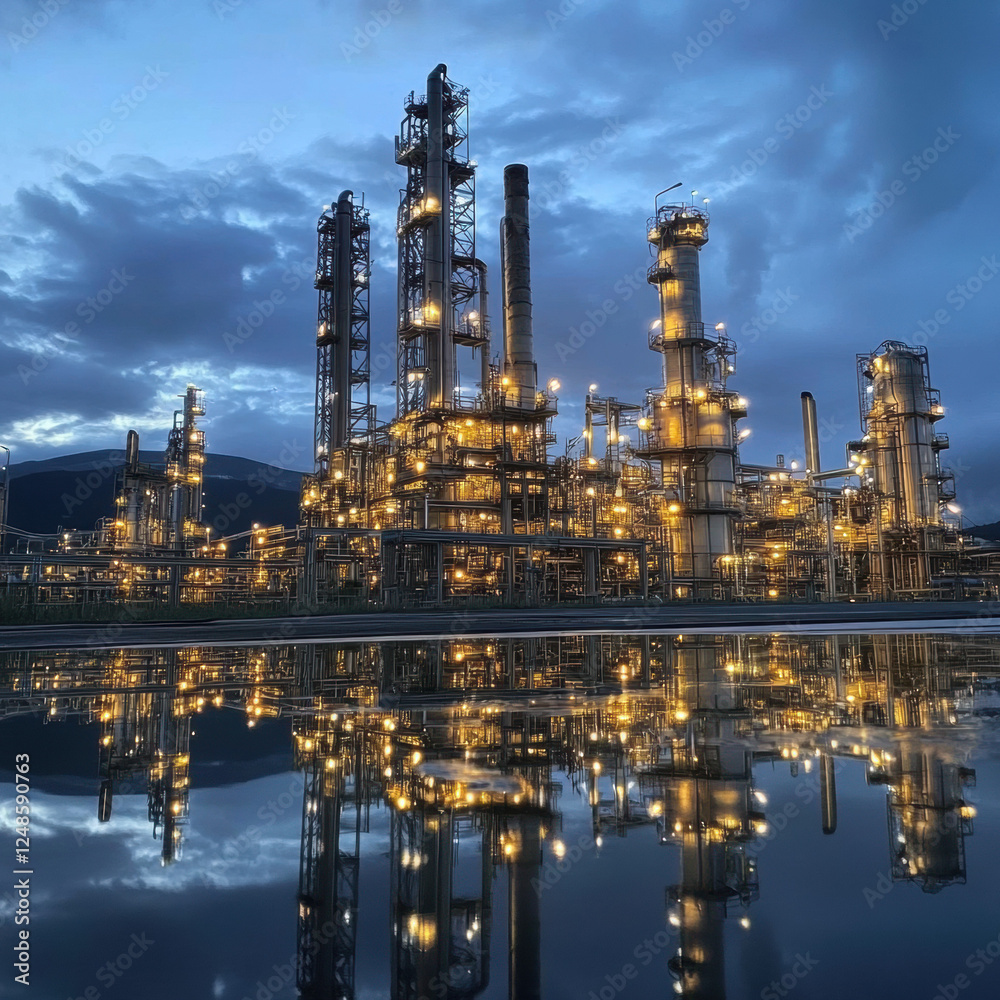 Nighttime oil refinery plant with industrial towers, pipes, and smoke against a twilight sky, highlighting energy production and environmental impact in the petrochemical sector Nighttime oil refinery plant with industrial towers, pipes, and smoke against a twilight sky, highlighting energy production and environmental impact in the petrochemical sector