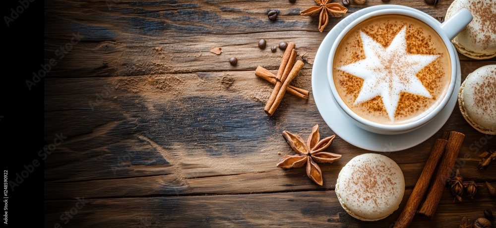 Fototapeta premium Star-shaped latte art on coffee with spices and macarons on rustic wooden table, copy space for text