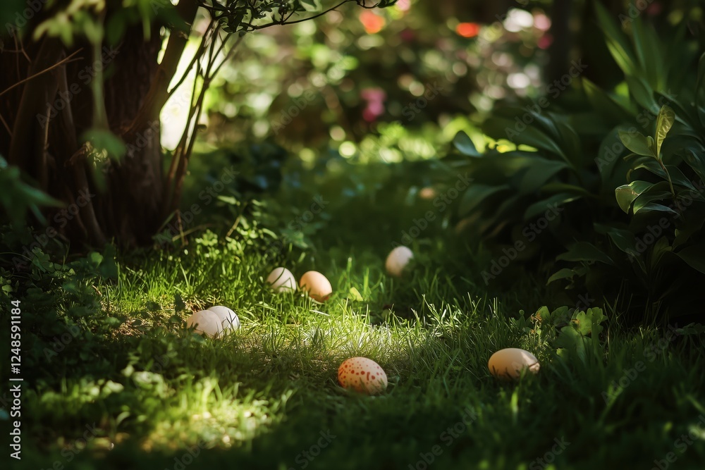 Easter eggs scattered on lush green grass in a sunlit garden, surrounded by flowers and shaded trees for a festive vibe. Family egg hunt celebration Easter eggs scattered on lush green grass in a sunlit garden, surrounded by flowers and shaded trees for a festive vibe. Family egg hunt celebration