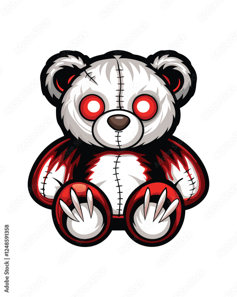 Naklejka premium A vintage teddy bear, crudely stitched together, with glowing red eyes, sits in dim light. Detail the stitching and the unsettling glow. (2)