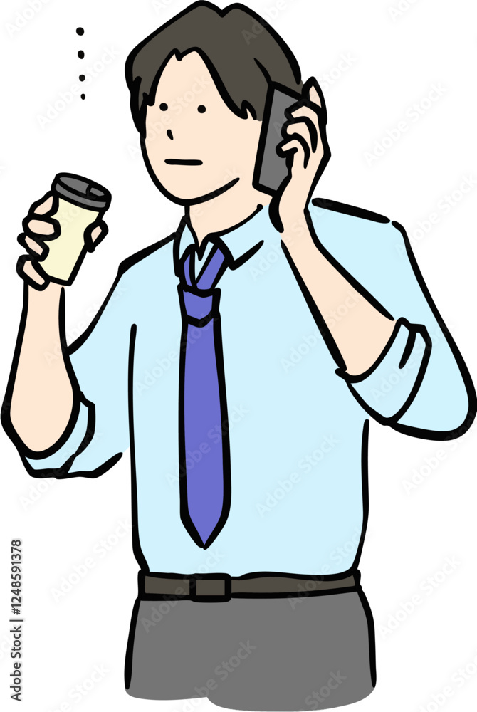 なんともいえない表情をで電話するドリンクカップを手に持ったスーツ男性のイラスト なんともいえない表情をで電話するドリンクカップを手に持ったスーツ男性のイラスト