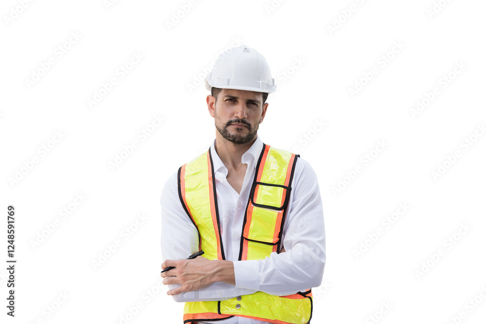 Portrait of male engineer construction working with crossed arms on white background. Male construction builder standing on white background Portrait of male engineer construction working with crossed arms on white background. Male construction builder standing on white background