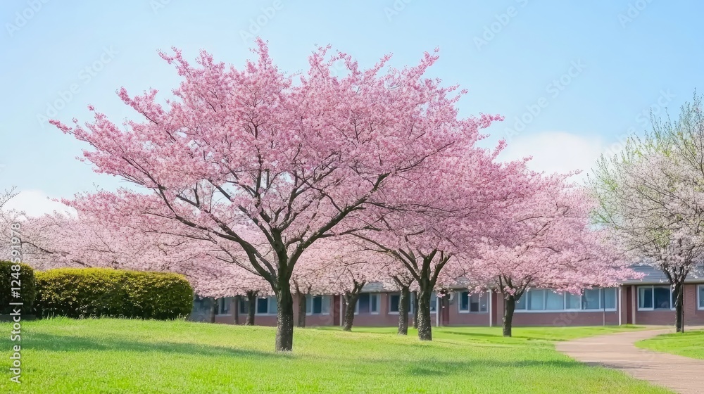 A real picture of sakura trees in full bloom with soft pink petals, set against a clear blue sky. A real picture of sakura trees in full bloom with soft pink petals, set against a clear blue sky.