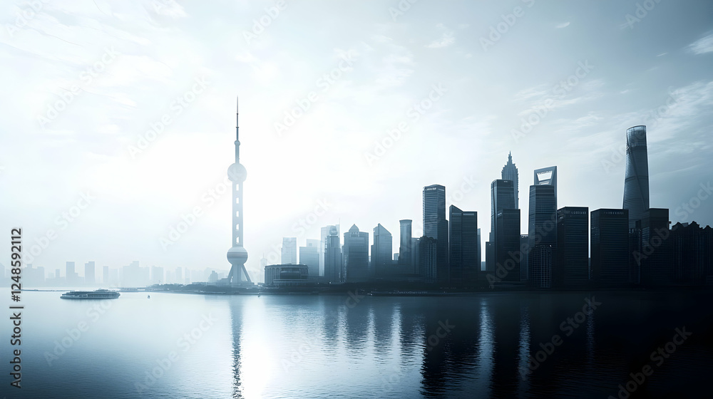 Obraz premium Shanghai skyline sunrise, hazy river reflection, city travel