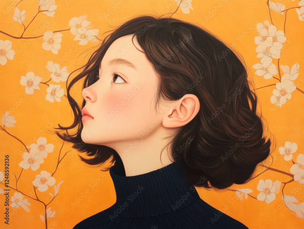 Naklejka premium illustration of a woman with flowers in the background.