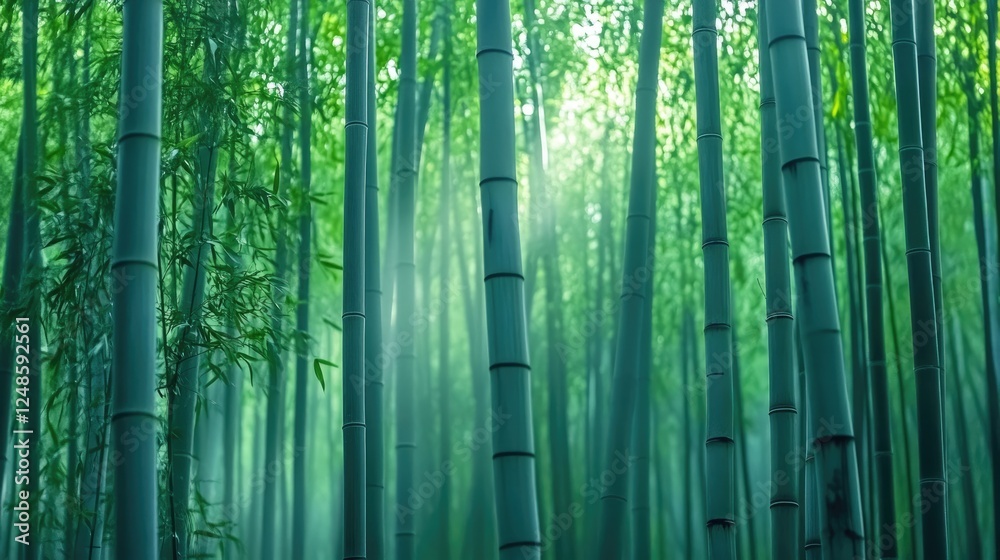 A serene real-picture scene of a bamboo forest with soft natural lighting and misty atmosphere. A serene real-picture scene of a bamboo forest with soft natural lighting and misty atmosphere.