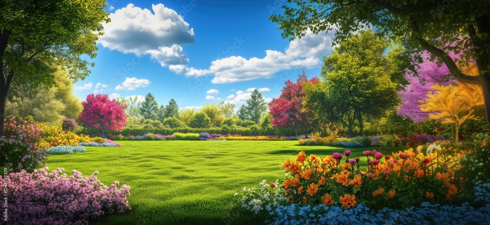 Fototapeta premium Vibrant spring garden landscape with colorful flowers and lush greenery, copy space for text