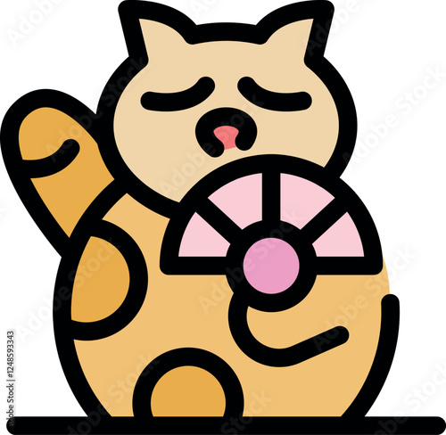 Golden maneki neko waving paw and holding a pink fan, a traditional japanese symbol of good luck and fortune