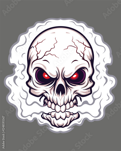 Render a terrifying skull, intricately detailed, with intensely glowing red eyes, surrounded by an ominous, dark aura.