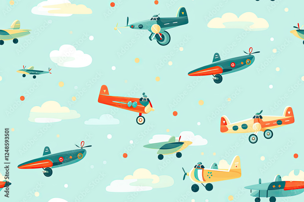 Retro Airplanes Seamless Pattern: A Whimsical Flight Through Colorful Clouds Retro Airplanes Seamless Pattern: A Whimsical Flight Through Colorful Clouds