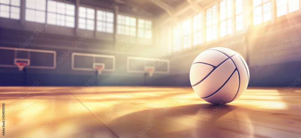 Basketball on Court with Sunlight Streaming Through Windows, copy space for text Basketball on Court with Sunlight Streaming Through Windows, copy space for text